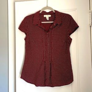H&M Pintuck Polka Dot Short Sleeve Button Down Top